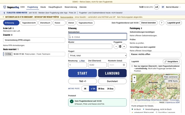Gegenanflug, Ansicht Flugleitung der Demo mit fiktiven Daten: Erfassung von Start und Landung, Lagebild und Posteingang.