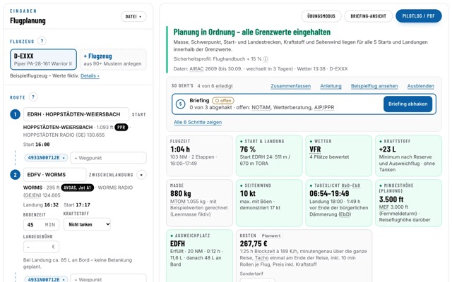 VFRplan, Ergebnis einer Beispielplanung: Route, Masse, Start und Landung, Wetter und Kraftstoff innerhalb der Grenzwerte.